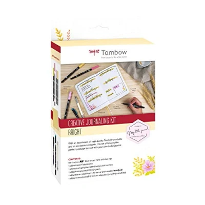 Imagen de Tombow Creative Journal Kit Bright Set de Papelería con Libreta, Rotuladores Pastel, Rotulador Caligrafia, Fluorescente y Portaminas