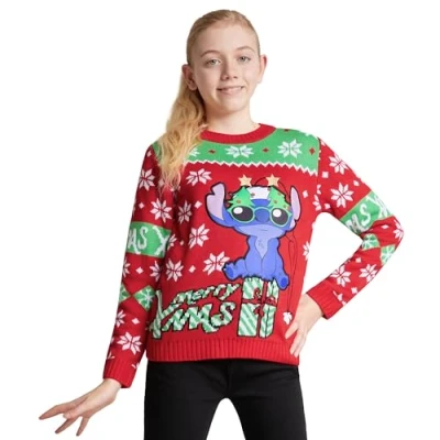 Imagen de Disney Stitch Jersey de Navidad para Niñas, Suéter con Cuello Redondo (Rojo, 11 12 años)