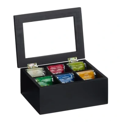 Imagen de Relaxdays Negra Caja de Té con 6 Compartimentos, Bambú, 9x21,5x16 cm, Bolsitas y Cápsulas, Tapa, a Prueba Polvo