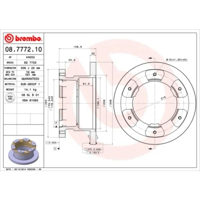 Imagen de BREMBO 08.7772.10 Disco de freno 306 22 6 macizo IVECO: DAILY 3, 3 Kasten/Kombi