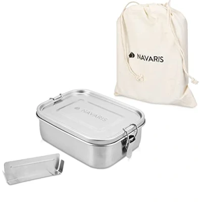 Imagen de Navaris Fiambrera de Acero Inoxidable para Comida Envase hermético con Separador y Tapa Recipiente Rectangular 800 ML Lunch Box Metal