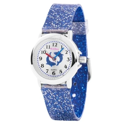 Imagen de Kiddus Relojes Niña con Purpurina. Reloj Ejercicios para Aprender la Hora. Infantil, Fácil de Leer. a Partir 4 Años. Ballenas, Correa Azul.