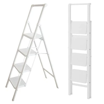 Imagen de UABA Escalera Plegable 4 peldaños Blanca, Ligera y compacta 5 cm, Anchos Antideslizantes, EN 131