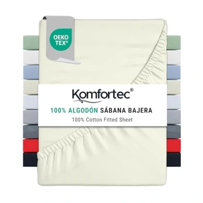 Imagen de Komfortec Sábana Bajera Ajustable (180 x 200 cm, 100% algodón), Color Crudo