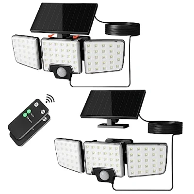 Imagen de Lepro Luz Solar Exterior Detector de Movimiento, 2 en 1, Control Remoto Separado e Integrado, Foco Impermeable IP65 con Modos Luz, 3 Cabezales, Reflector para Jardín, 2Pcs