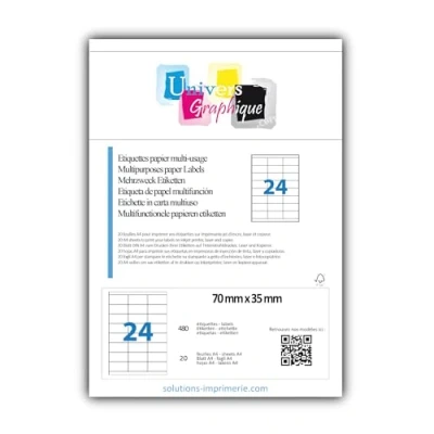 Imagen de 20 A4 hoja 24 etiqueta de papel adhesiva 70 x 35 mm para impresoras chorro tinta y láser