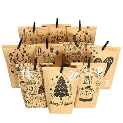 Imagen de Extravagante calendario de Adviento para rellenar con 24 bolsas regalo marrones y pegatinas números clips motivo infantil 1 hacer manualidades regalar Navidad