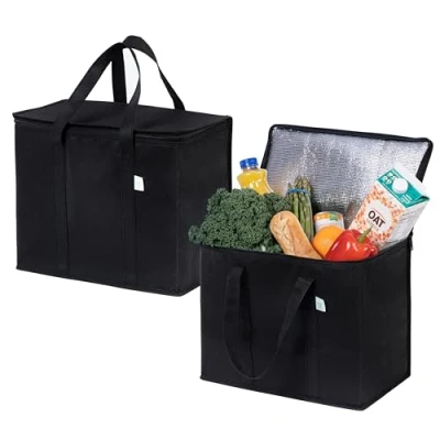 Imagen de VENO Pack de 2 Bolsas Térmicas para Comida, Bolsa Porta Alimentos Grande con Asas, Cierre y Tapa, Nevera Térmica Delivery, Compra Sostenible, Reutilizable, Plegable (Negro,Pack 2)