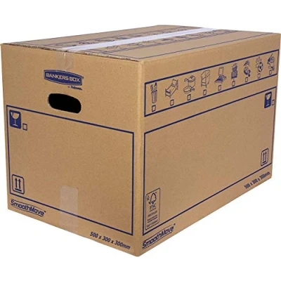 Imagen de Bankers Box 6208201 Pack 10 Cajas de Cartón con Asas para Mudanzas, Almacenaje y Transporte Ultra resistentes, Canal Doble Reforzado, 45 Litros, Marrón, 50 x 30 cm