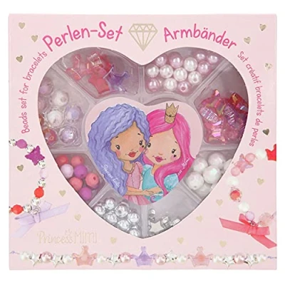 Imagen de Depesche 11472 Princess Mimi Juego de cuentas para hacer pulseras diseño DIY con múltiples cuentas, colgantes, lazos y cinta elástica en caja corazón transparente, carbón