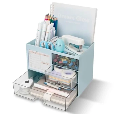 Imagen de RISEMART organizador de escritorio con 3 cajones, multifuncional para escritorio, y almacenamiento 5 compartimentos,