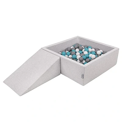 Imagen de KiddyMoon Parque Infantil De Espuma con Cuadrada Piscina Bolas (200 Bolas) para Niños, Gris Claro:Gris/Blanco/Turquesa