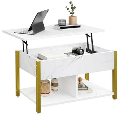 Imagen de YITAHOME Mesa de Centro con Tapa Elevable, 2 Niveles, Altura Ajustable Compartimento Almacenamiento Oculto y Estante para Sala Estar, Oficina, Mármol Blanco