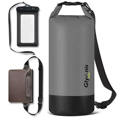 Imagen de Glymnis Bolsa Estanca Impermeable 5 L/10 L/20 L con Cintura para Rafting Kayak Playa Senderismo Esquí Pesca Escalada y Camping (Negro, L)