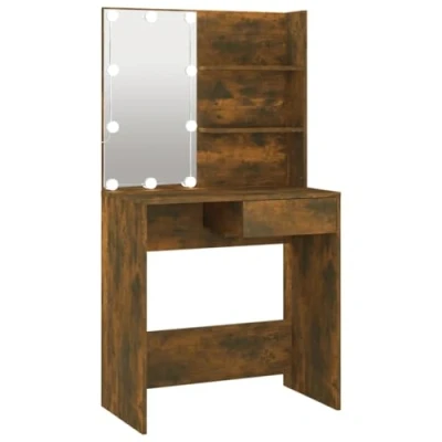 Imagen de vidaXL Tocador con LED Mesa de Maquillaje Muebles Espejo Cosmética Dormitorio Vestidor Iluminación Almacenaje Color Roble Ahumado 74,5x40x141 cm