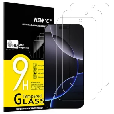 Imagen de NEW&#039;C 3 Piezas [Versión Mejorada] Protector Pantalla para iPhone 16 Pro Max (6,9 pulgadas), Cristal templado Antiarañazos, Antihuellas, Sin Burbujas, Dureza 9H,Ultra Resistente