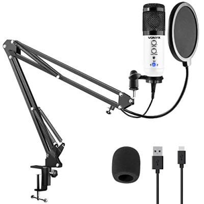 Imagen de Vonyx CMS320W microfono Condensador cardioide de Estudio USB, Soporte Brazo articulado con Anti Pop e Interface Audio integrada, Control Ganancia y Echo, Salida Auriculares, Color Blanco