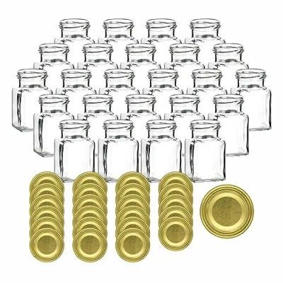 Imagen de gouveo Juego de 48 tarros conserva cuadrados 150 ml con tapa rosca dorados Pequeños Botes especias vacíos, mermelada,