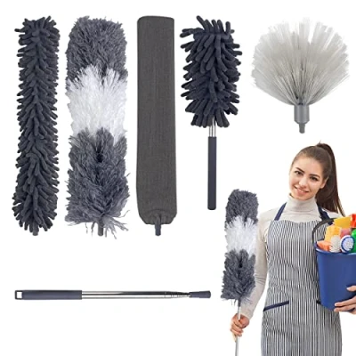 Imagen de Gvolatee 6 Piezas Plumero Telescopico Extensible, Atrapapolvo Microfibra Lavable Reutilizable Longitud 87 to 250 cm, Duster Limpieza Ventiladores Techo Alto, Persianas, Telarañas