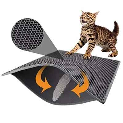 Imagen de Pieviev Alfombra para Gatos,Estera Arena 76x61cm Doble Capa Impermeable Alta Elástico EVA Adecuado Arenero Autolimpiable Cubierto Gris