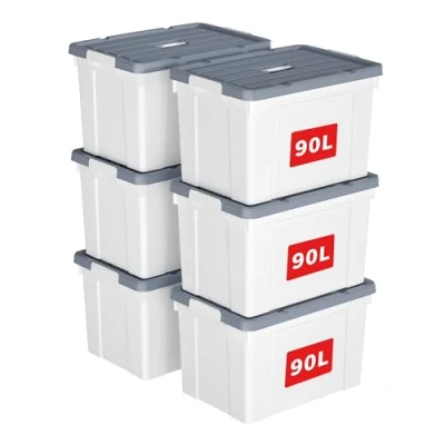 Imagen de Cetomo caja de almacenamiento plástico 90 x 6 pulgadas, mano, contenedor organizador con tapa duradera y hebillas cierre seguras, apilable apilable, paquete 6, color blanco