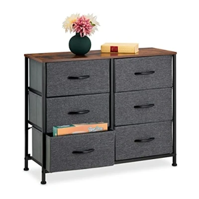 Imagen de Relaxdays Cómoda 63x80x30 cm, Metal, Aspecto Madera, 6 Cajones de Tela, Tablero, Cajonera Moderna, Mezcla Colores, Poliéster, 63 x 80 30 cm Aprox