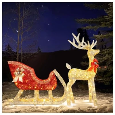 Imagen de Atkits Decoraciones navideñas para césped Reno Decoración navideña en Trineo de Papá Noel 3D preiluminado con luz Blanca cálida LED, Ciervo navideño Iluminado