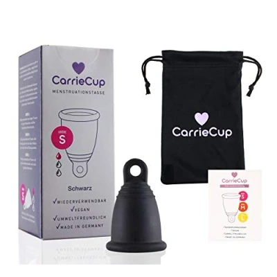 Imagen de CarrieCup Taza menstrual pequeña, fabricada en Alemania, sin BPA, alternativa a tampones y vendas, silicona, incluye bolsa negra