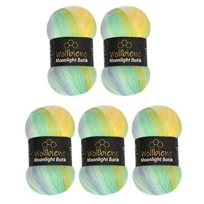 Imagen de Wollbiene Moonlight Batik Ovillo de lana para tejer (5 x 100 g, 500 gramos, y crochet, 20% turca, degradada, (3070, amarillo, turquesa, azul)