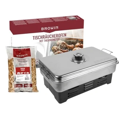 Imagen de Browin Estufa de acero inoxidable Deluxe para horno mesa, inoxidable, portátil, con termómetro cocina y virutas incienso