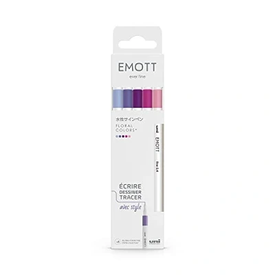 Imagen de Uni ball Emott Mitsubishi Pencil Floral Colors Paquete de 5 rotuladores, para escribir, dibujar y trazar con estilo, punta fina, 0,4 mm, malva, lila, rosa chicle, brillante, bruma marina