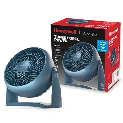 Imagen de Honeywell Ventilador Potente TurboForce, Refrigeración de Funcionamiento Silencioso, Inclinación Variable 90, 3 Ajustes Velocidad, Anclaje en la Pared, Mesa, HT900NE, Azul