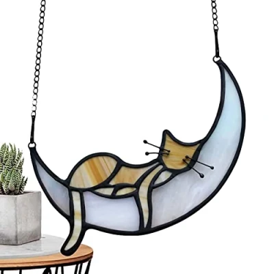 Imagen de Cat on Moon Suncather Window Hangings, Handmade Hanging Ornament, Hangings Memorial Gifts for Lovers, Decor