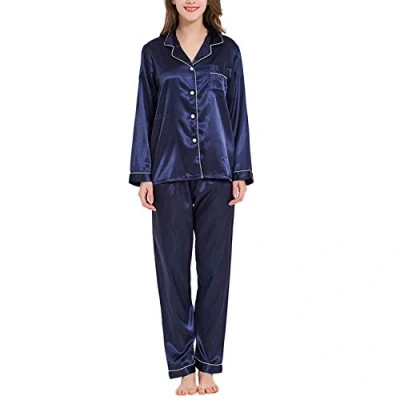 Imagen de 2 Piezas Pijama Saten Mujer Largo, Pijamas de Seda Conjunto Satén para Manga Larga Satén, Cómodo y Elegante, con Botones Bolsillos, Rosa, XL