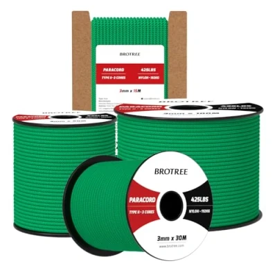 Imagen de Brotree Paracord 3mm 50M Cuerda 100% Nylon Tipo II 3 Hebras 425 para Exterior, Bricolaje 192 kg Carga de Rotura (Verde Jade)