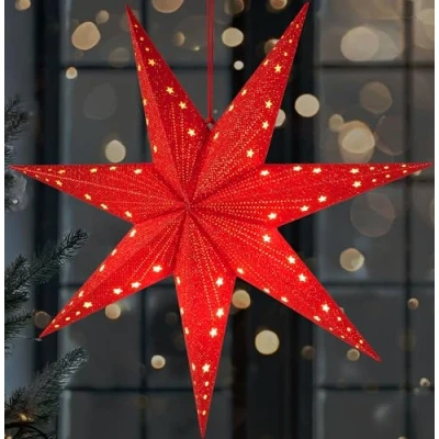 Imagen de BRUBAKER Estrella de Navidad LED para Colgar Papel 60 cm con 7 Puntas Adviento 3D Funciona Pilas, se Cuelga y Ilumina Luz Decorativa Roja