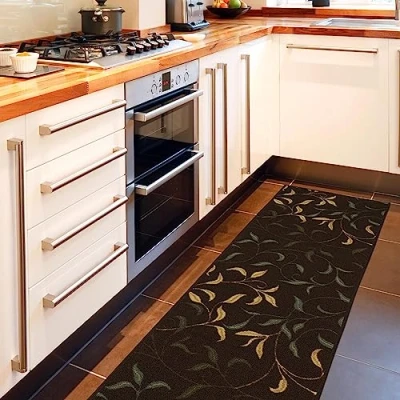 Imagen de Ottomanson Ottohome Alfombra rectangular, base de goma, diseño hojas contemporáneo, 57 x 210 cm, color marrón