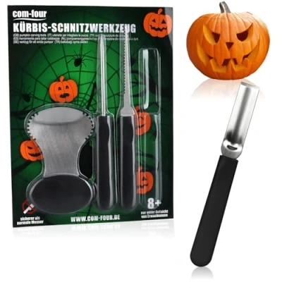 Imagen de com four® Juego de 4 piezas tallado calabaza para Halloween, herramientas corte ahuecar calabazas, herramienta acero inoxidable, cuchara, perforador, sierra, raspador (4