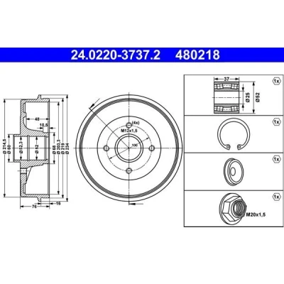 Imagen de ATE 24.0220 3737.2 Tambor de Freno con cojinete rueda, sin anillo sensor ABS 234,0 RENAULT: CLIO 2, DACIA: Logan I Berlina