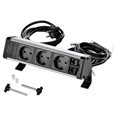Imagen de Kopp VersaDESK 939628014 Regleta de 2 conectores RJ 45/11 CAT 6 UTP, cable conexión y m datos, IP20, 3400 W, 250 V, negro/aluminio anodizado, 3 tomas + RJ45
