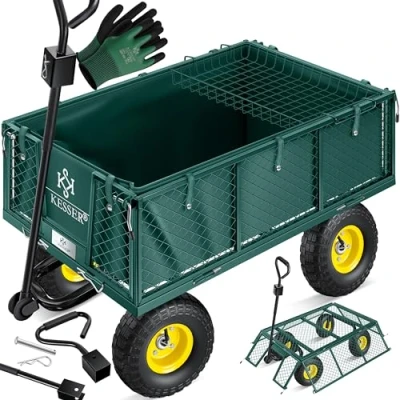 Imagen de KESSER® Carro de Jardín, Mano, Transporte, 700 kg Capacidad Carga, Incl. Lona Desmontable + Guantes Estante, Ruedas Neumáticas, Mano Polivalente, Verde