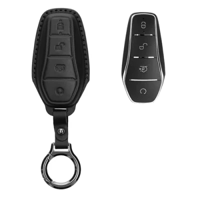 Imagen de kwmobile Carcasa Compatible con Llavero de BYD Atto 3 / Han/Tang/Dolphin/Yuan/Seal Funda para Mando Coche Cuero Incluye Anillo Negro