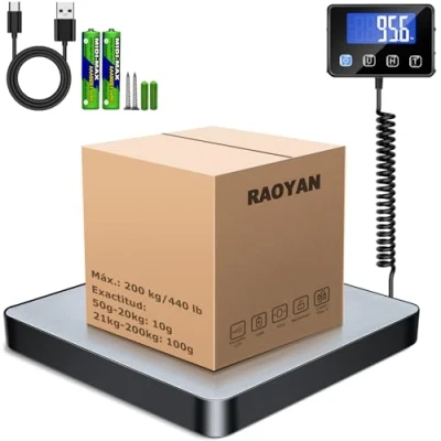Imagen de RAOYAN báscula digital para paquetes 10g, Balanza postal 200 kg/440lbs, alta precisión de Correo con función sujeción/tara, Acero inoxidable paquetes/almacenes