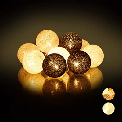 Imagen de Relaxdays Guirnalda Luces con 10 Bolas LED a Pilas, Algodón Poliestireno, Blanco Gris Negro, 6 cm de diámetro