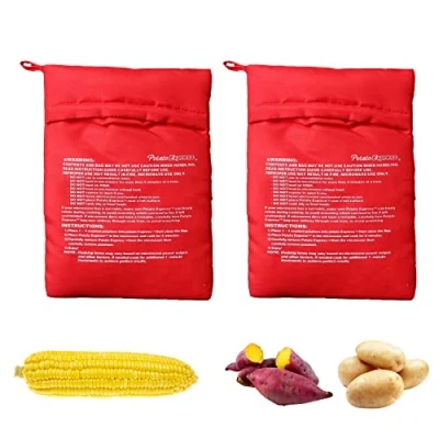 Imagen de 2 bolsas de patatas para microondas, cocina, reutilizables patatas, utensilios cocina al horno (rojo)