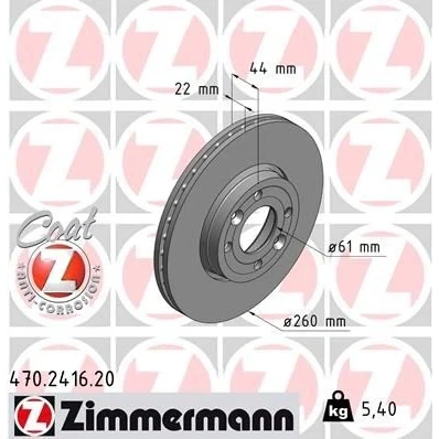 Imagen de ZIMMERMANN COAT Z 470.2416.20 Disco de freno 260 22 6/4 4 100 ventilación externa revestido altamente carbonizado RENAULT: MEGANE 2, CLIO 3