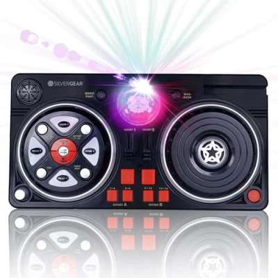 Imagen de Silvergear® Mesa de Mezclas DJ para Niños Principiante con Auriculares y Bola Discoteca 46 Efectos Sonido Bluetooth Portátil a Pilas 39.3 x20.5x6.4 cm Negro