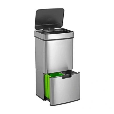 Imagen de WELL HOME Papelera de reciclaje 62L (37L+25L), cubo basura con 2 compartimentos, apertura automática sensor, en acero inoxidable, cromado