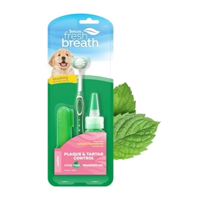 Imagen de TropiClean kit de limpieza dental para cachorros Fresh Breath, ambientador dental, completo cepillos dientes cachorros, ayuda a eliminar la placa y el sarro, 59 ml (el embalaje puede variar)