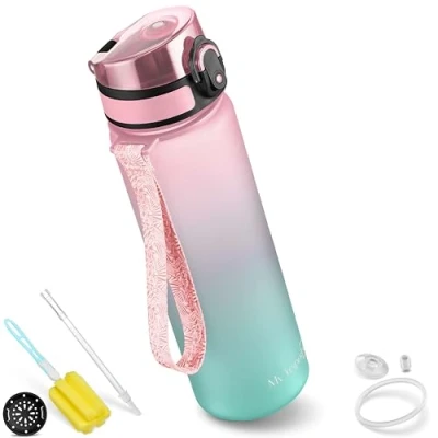 Imagen de My Vesperbox Minny Botella infantil a prueba de fugas 350, 500 o 750 ml, con pajita colador. agua ligera Tritan, sin bisfenol A, para guardería, escuela (750 rosa/turquesa)